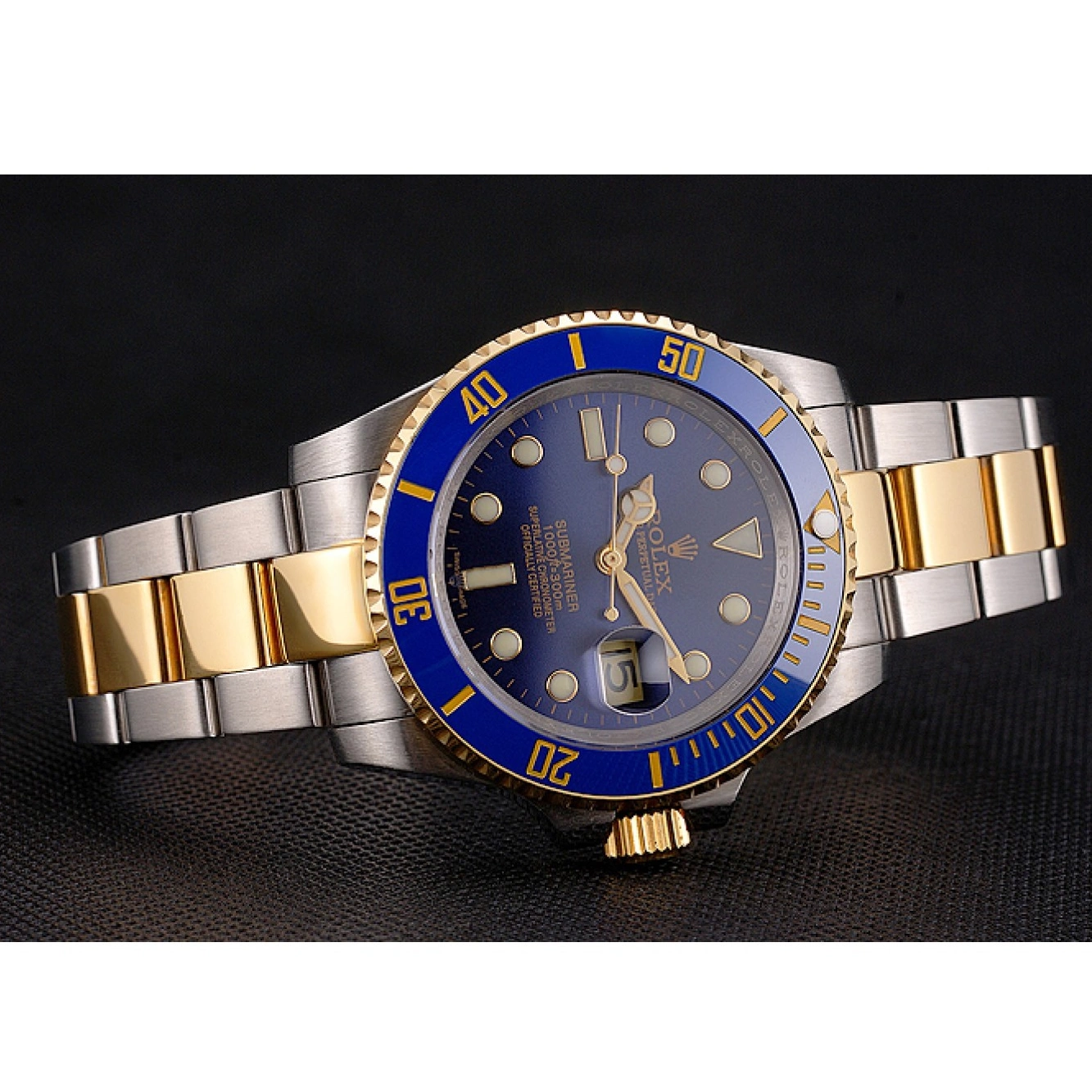 Aaa replica watch And Gold Tone Bezel Steel Two Submariner Rolex Blue Swiss Bracelet Dial 0706